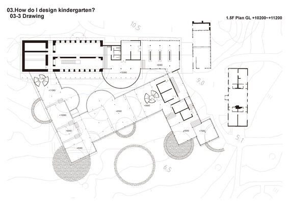 Architectural floor plan of a proposed kindergarten design, featuring interconnected sections and various outdoor spaces.