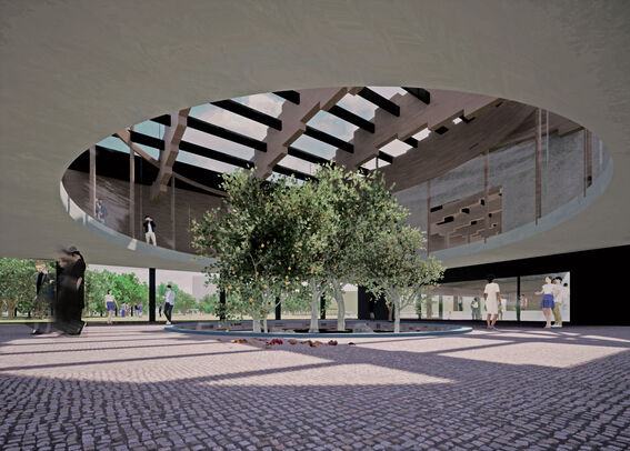 Modern open-air pavilion with central trees, people walking around, and a circular roof with skylights.