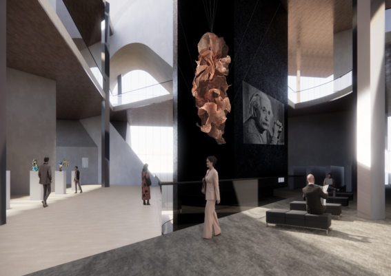 Modern art gallery with abstract sculpture and Einstein portrait. People are observing artworks and seated in lounge area.