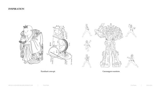 Two sketches: left shows a traditional Japanese automaton; right shows Gaorangers warriors around a large robot.