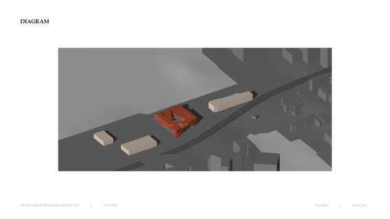 A diagram showing a red building surrounded by grey structures and roads in a simplified urban layout.