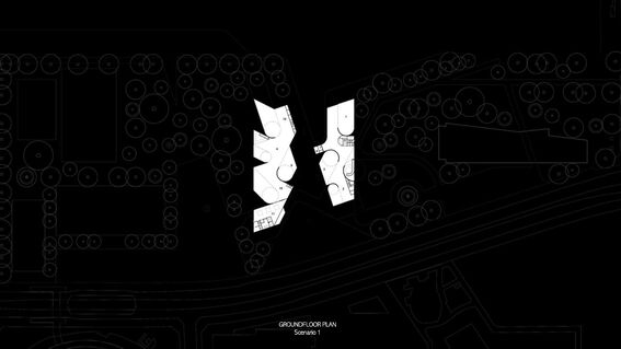 Architectural ground floor plan with two white building structures surrounded by circular treetop outlines on a black background.