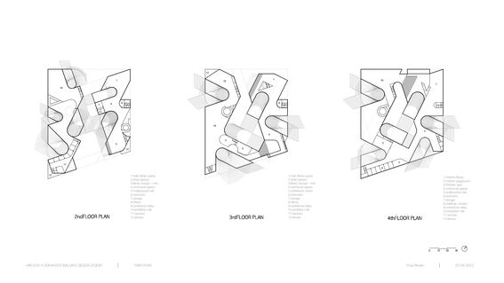 Three architectural floor plans of a building showing the 2nd, 3rd, and 4th floors with various rooms and structures.