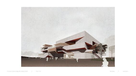 Modern architectural building with angular grey exterior and red accents, surrounded by people against a cloudy sky.