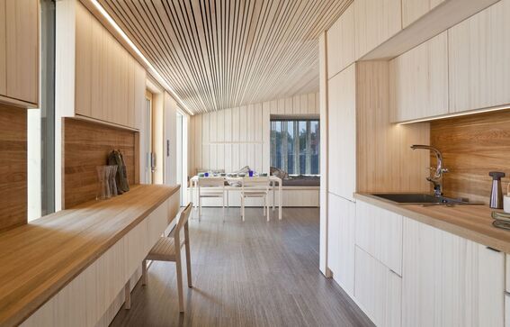 Modern kitchen with light wood cabinets, a dining area, and large window. Sleek design with wooden ceiling and floor.