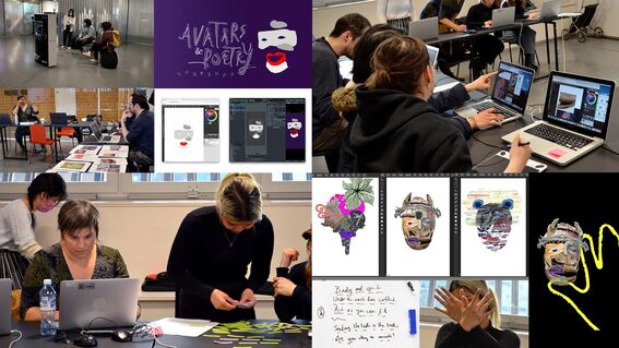 Collage of people at a workshop creating digital avatars, with screens showing avatar designs and people working on laptops.