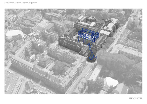 Aerial view of a city with a blue architectural structure overlay on buildings.