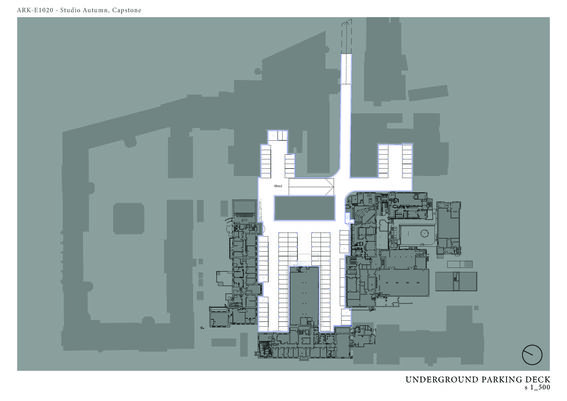 Architectural plan of an underground parking deck with multiple parking spaces and surrounding structures.