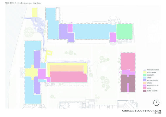 Ground floor plan showing various coloured sections for public access, university, offices, and other facilities.
