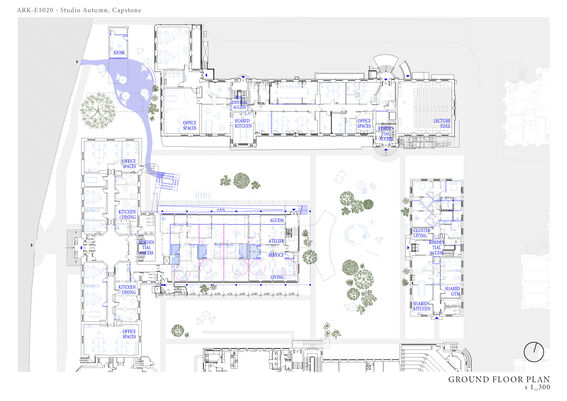Architectural ground floor plan showing various rooms including offices, kitchens, lecture hall, gym, and garden areas.