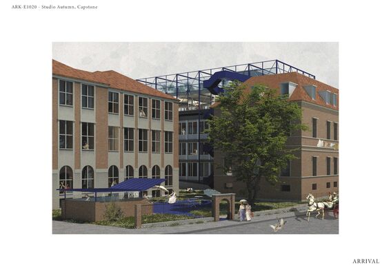 A modern building complex with glass structures, red roofs, and a courtyard with a fountain. People and a horse carriage are visible.