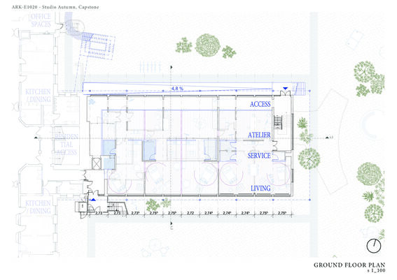 Architectural ground floor plan showing various rooms labelled as office spaces, kitchen/dining, access, atelier, service, and living.