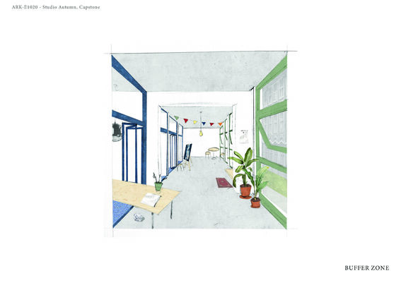 Illustration of a room with green-framed windows, plants, a wooden table, chairs, and colourful bunting.