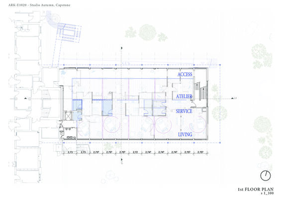 Architectural floor plan labelled with areas: Access, Atelier, Service, Living. Includes measurements and furniture layout.