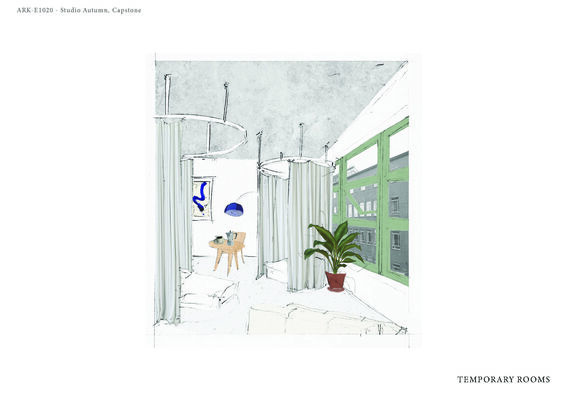 A sketch of a room with green-framed windows, a potted plant, a table with items, and grey curtains.