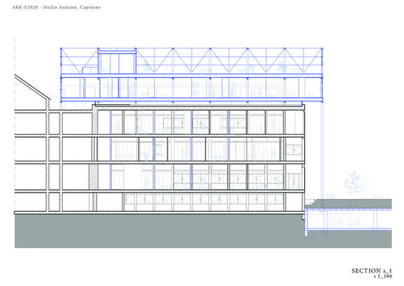 Architectural section drawing of a multi-storey building with detailed structural elements and interior spaces.
