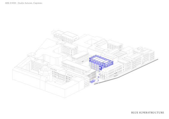 Architectural drawing of a city block with a highlighted blue superstructure in the centre.