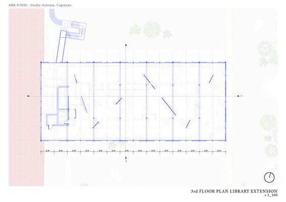 Architectural floor plan of a library extension, showing rooms, walls, and structural elements in blue lines.