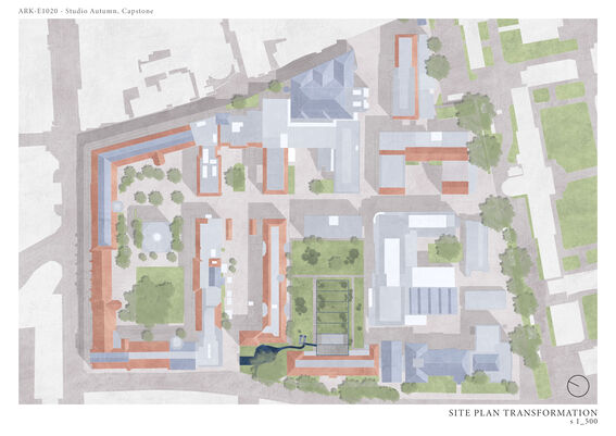 A site plan showing various buildings, green areas, and pathways. The layout includes trees and a small water feature.