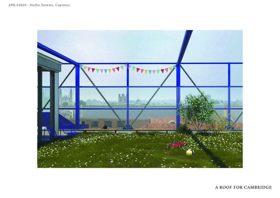 A rooftop garden with a blue fence, bunting, chairs, toys, and a view of Cambridge buildings in the background.