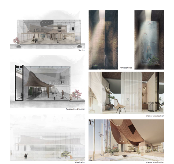 Architectural design with sections, atmospheres, and interior visualizations. Features modern structures and natural light.