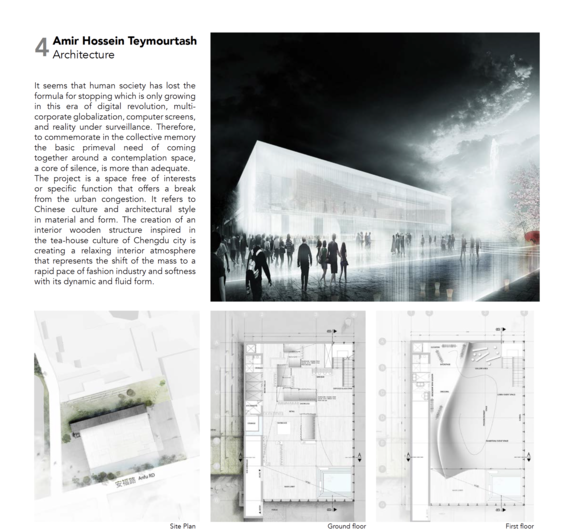 Architectural project by Amir Hossein Teymourtash featuring a modern building, site plan, and floor plans.