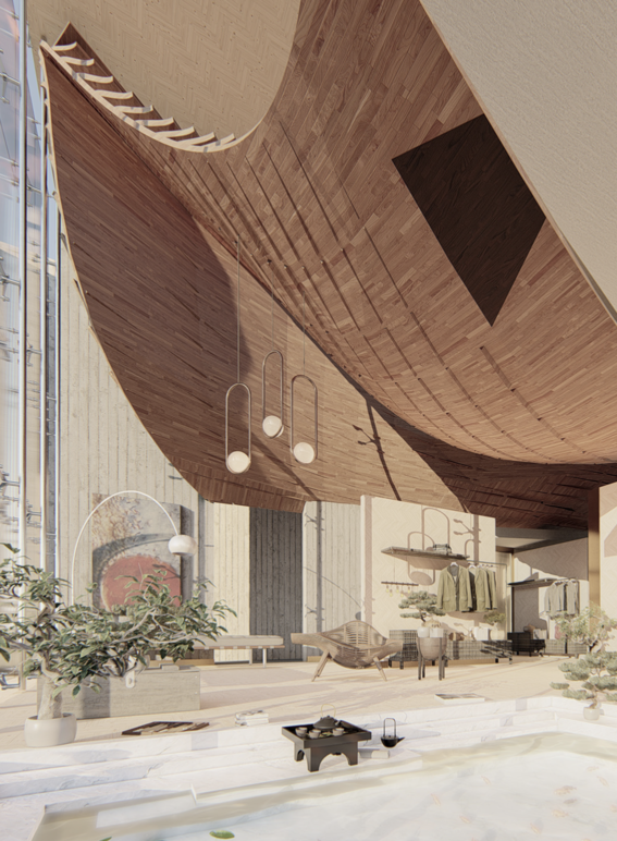 Modern interior with wooden ceiling, hanging lights, plants, and a small pool. Clothes are displayed on shelves.