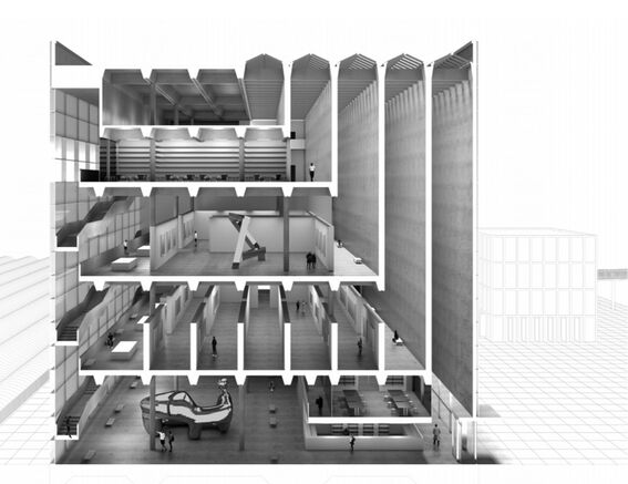 Cross-section of a multi-storey building with various rooms, staircases, and people. Large sculpture on the ground floor.