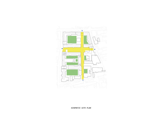A schematic site plan with yellow pathways and green areas, surrounded by buildings. Arrows indicate directions.