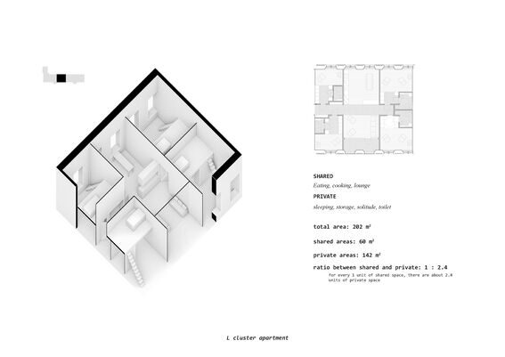 3D floor plan of an apartment with shared and private areas. Total area: 202 m², shared: 60 m², private: 142 m².