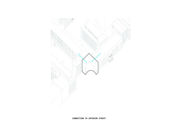 Diagram of buildings with a highlighted connection to an interior street, shown with blue lines.