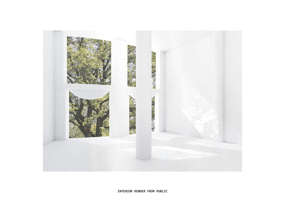 Bright white room with large windows showing green trees outside. A single column stands in the centre.