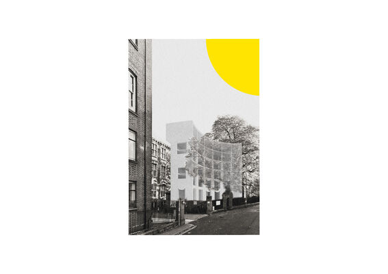 A street with buildings, trees, and a large yellow semicircle in the sky. The image has a monochrome and modern design.
