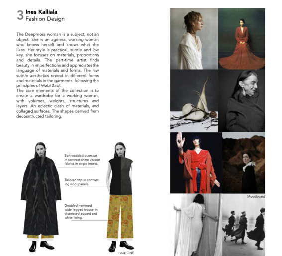 Fashion design collection with text, moodboard images, and two outfit sketches featuring layered and textured garments.