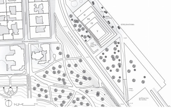 Map showing buildings, roads, and green areas with trees. Labels include Bernhardinkatu, Unioninkatu, and Eteläsatama.