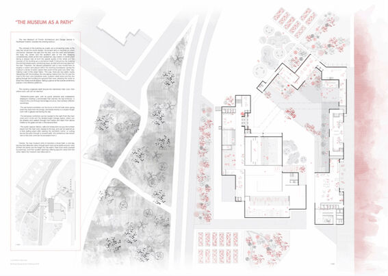 Architectural plan with text titled 'The Museum as a Path'. Includes building layout and surrounding landscape.