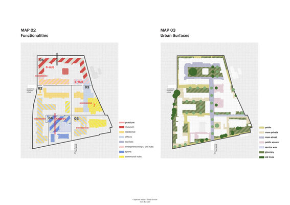 Two maps showing functionalities and urban surfaces of an area. Various zones are colour-coded and labelled.