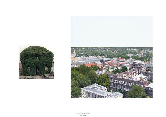 Two images: one of a building covered in dense greenery, another of a cityscape with various buildings and trees.