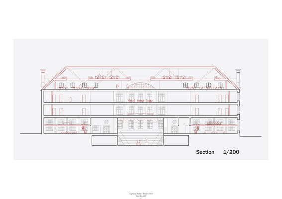 Architectural section drawing of a multi-storey building with detailed interior elements and figures, scale 1/200.