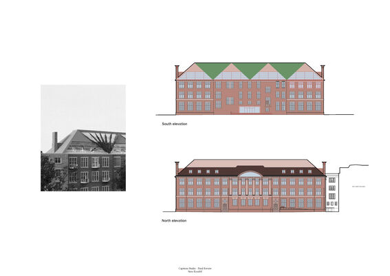 Architectural drawings of a brick building's south and north elevations, with a black and white photo of the building on the left.