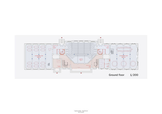 Architectural floor plan of the ground floor, showing seating areas, staircases, and university hubs.
