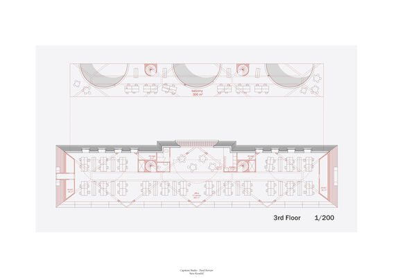 Architectural floor plan of the 3rd floor, showing office spaces, meeting rooms, and a large balcony area.