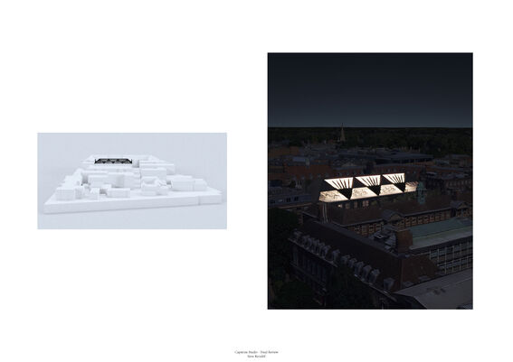 Two images: a white architectural model on the left and a night view of a building with illuminated roof structures on the right.