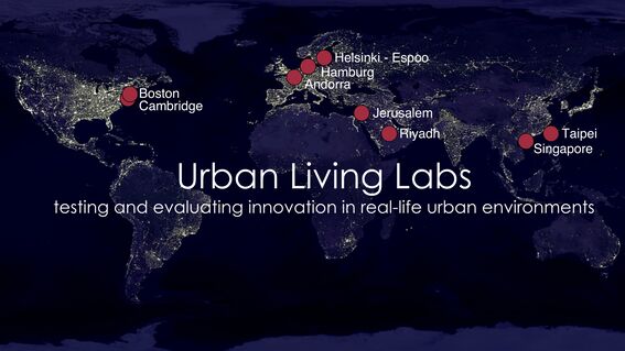 World map at night with red dots marking Urban Living Labs in various cities and text about testing urban innovation.