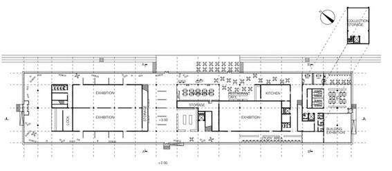 Architectural floor plan showing exhibition areas, storage, kitchen, cafe, study area, and collection storage.