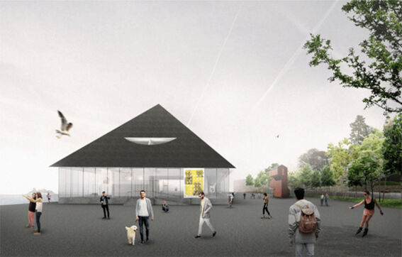 Modern building with a triangular roof, glass walls, and people walking outside. Trees and a bird in the sky.