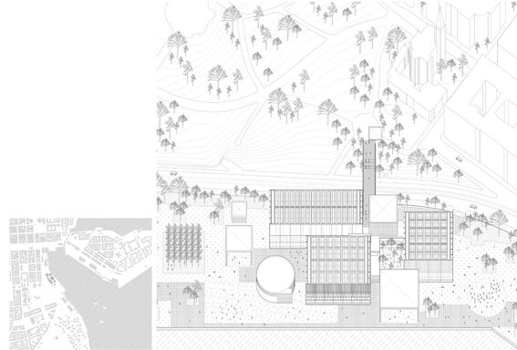 Architectural site plan with buildings, trees, and pathways. Includes a circular structure and a waterfront area.