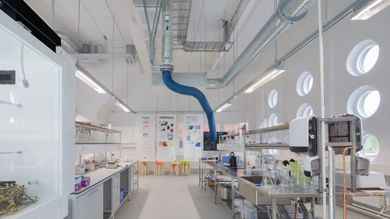 A modern laboratory with stainless steel benches, circular windows, and a blue ventilation pipe. Posters and stools are visible.