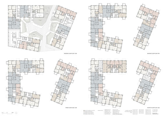 Second page of the work by Alicia González Nieto. Architectural sheet with floor plans in grey, beige and pink for different levels of a housing block.