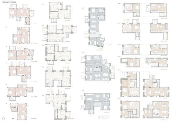 Fourth page of the work by Alicia González Nieto. Grid of pastel-coloured apartment floor plans, labelled housing typologies with varied unit shapes.